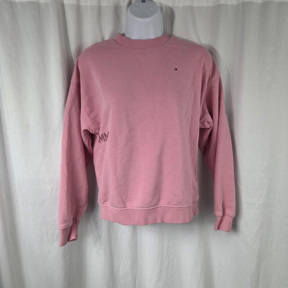 Tommy Hilfiger Sweatshirt Girls 14 Pink Logo Graphic Fleece Pullover Crewneck